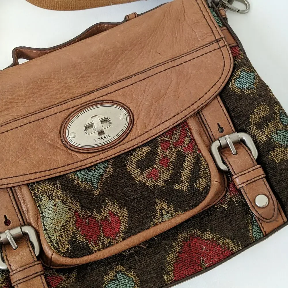 Long Live Vintage Fossil 1954 Maddox Brown Leather Tapestry Messenger Purse RARE